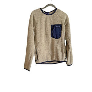 Patagonia Women’s Fleece Crew Pullover Size XS Tan With Blue Pocket